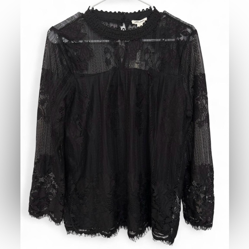NWT Ultra Pink Black Lace Frayed Hem Long Sleeve Sheer Blouse Medium Whimsical‎